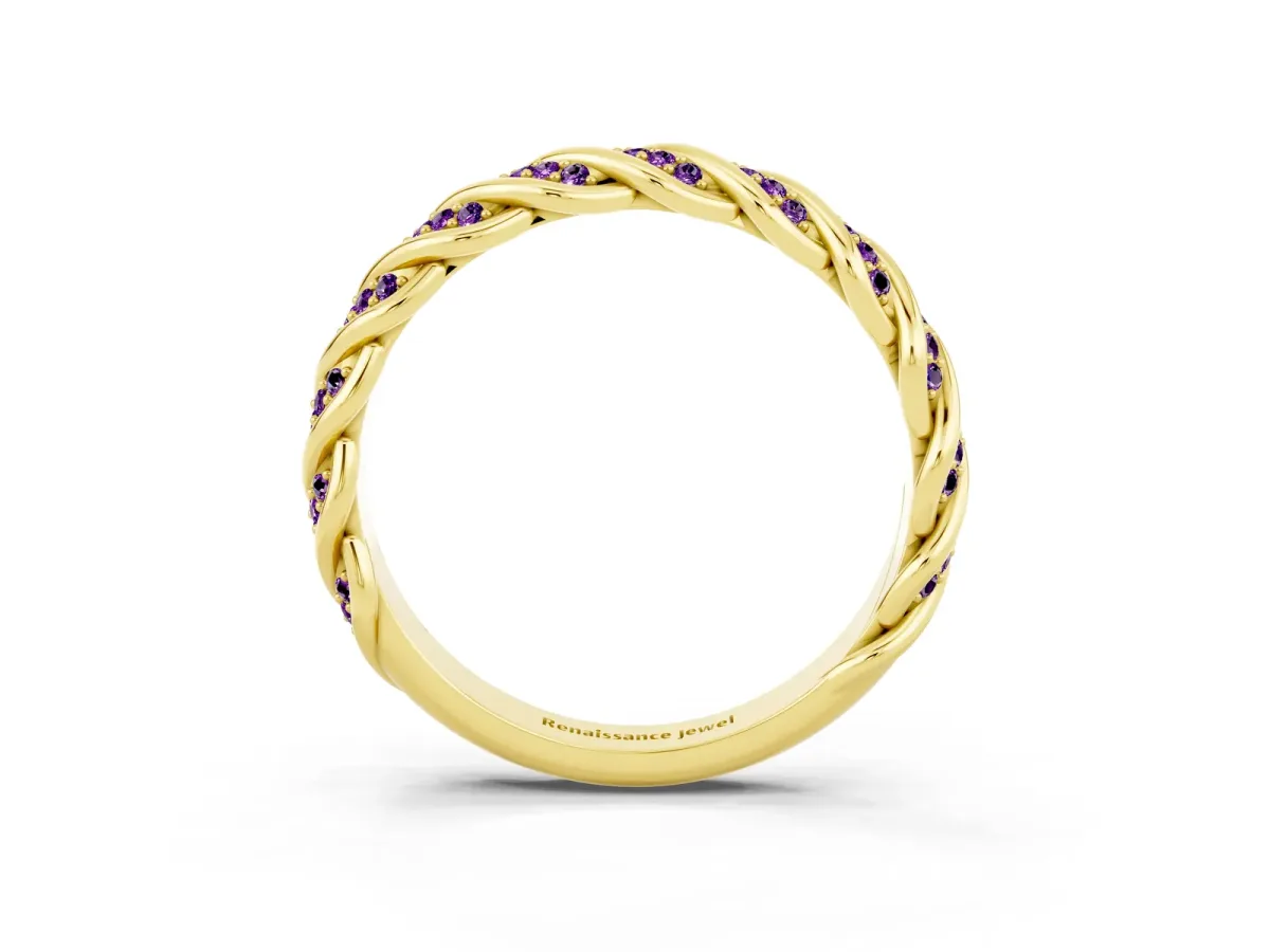 Twisted Pavé Round Amethyst Eternity Band with Shared Prong Setting Yellow gold