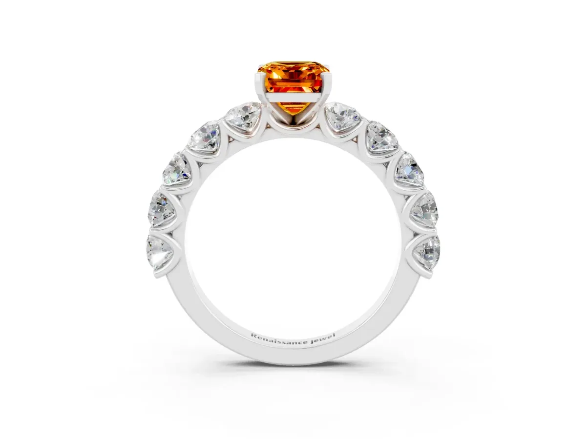 Emerald Cut Citrine Prong Setting with Side Stones on a Pave Band White gold