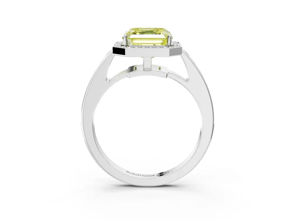 Fancy Yellow Asscher Cut Halo Pavé Diamond Engagement Ring with Bezel Setting Silver