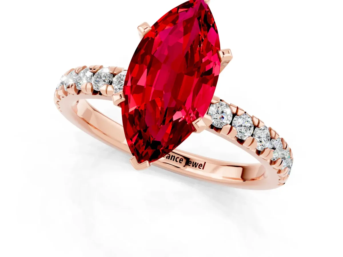 Marquise Cut Ruby Solitaire Pavé Engagement Ring with Round Band and Prong Setting Rose gold