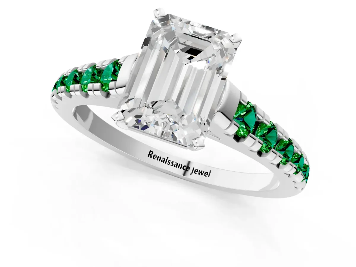 Emerald Cut Diamond Cathedral Solitaire Ring with Round Emerald Pavé Band Platinum