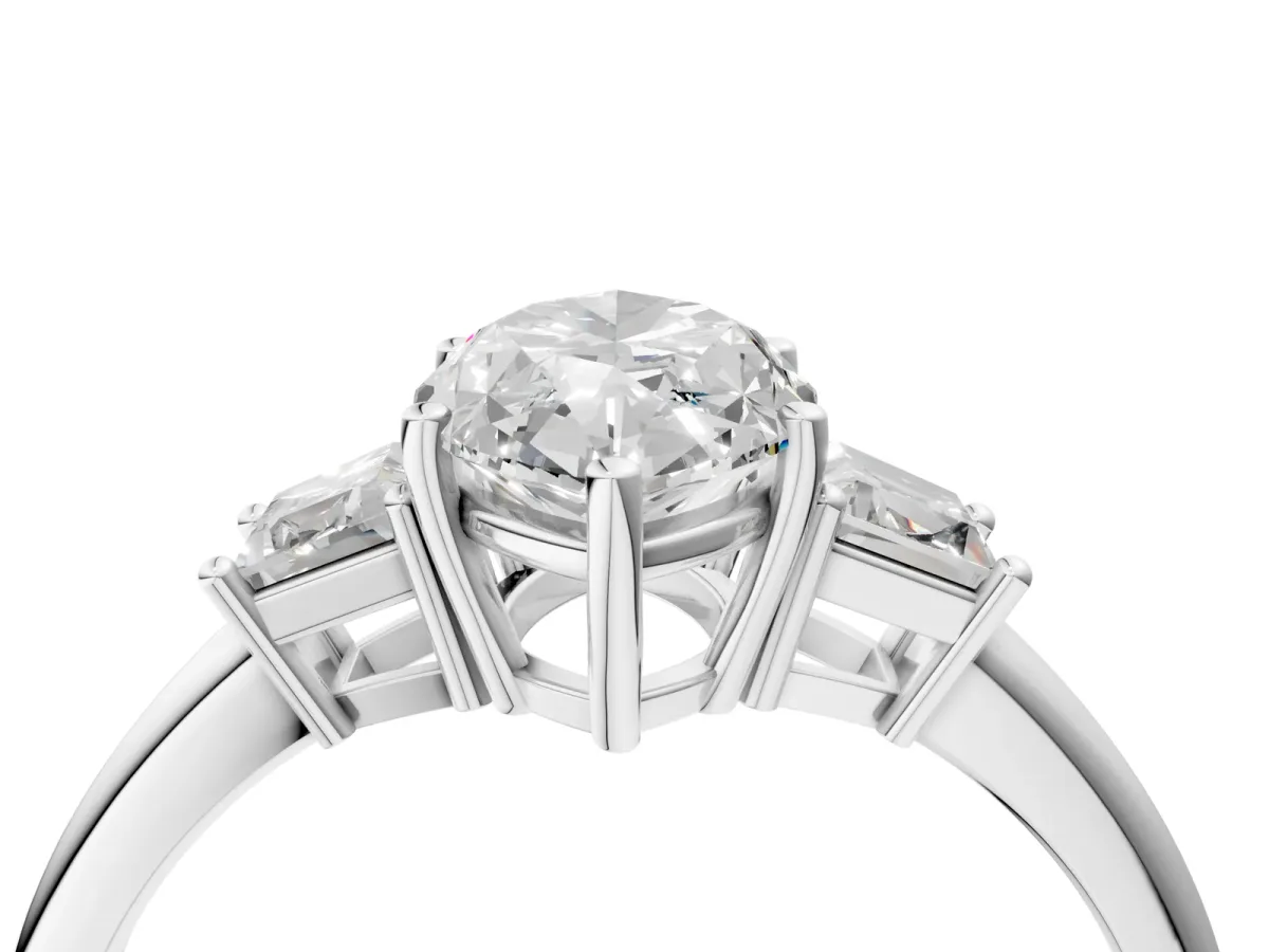 Marquise Cut Diamond Three-Stone Ring with Trapezoid Side Stones and Prong Setting White gold