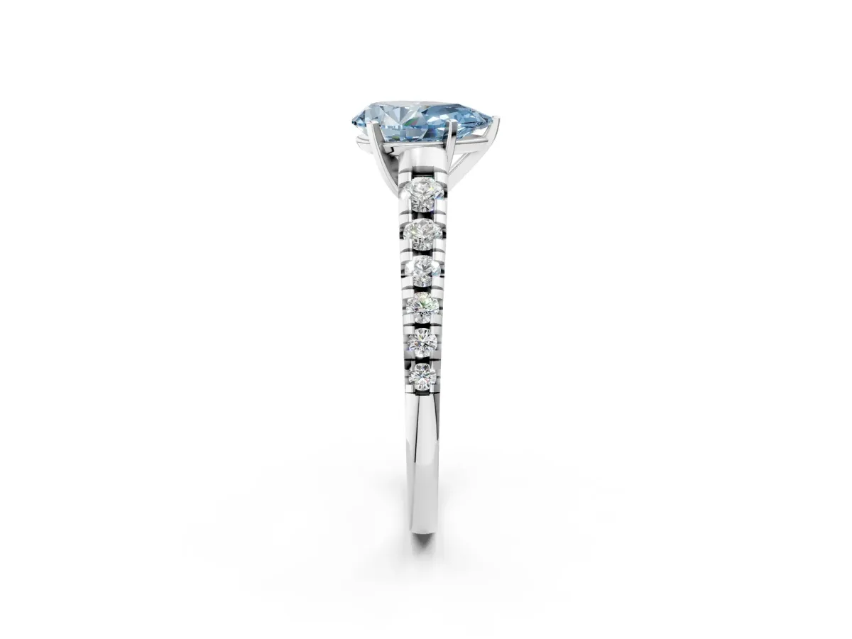 Fancy Blue Pear Cut Diamond Cathedral Solitaire Ring with Round Pavé Band Platinum