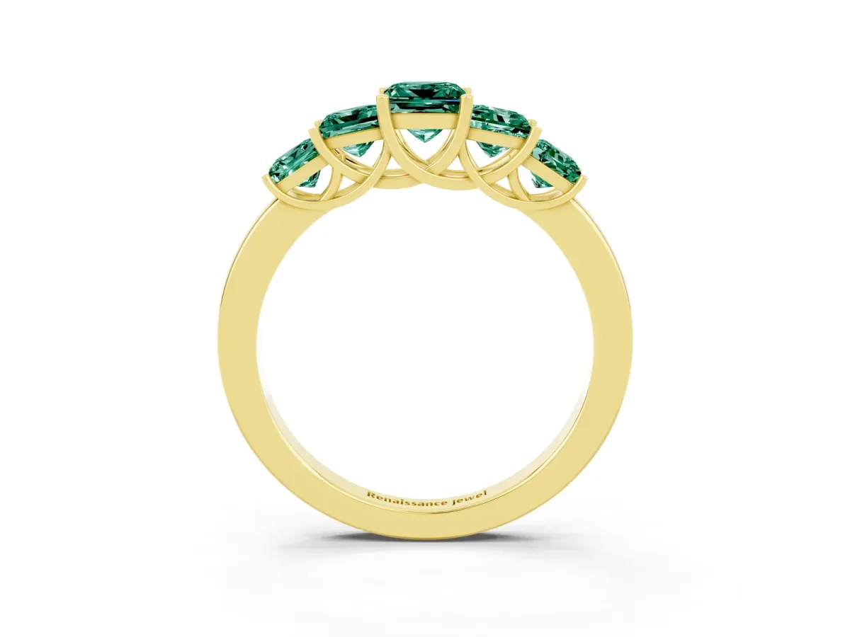 Princess Cut Five-Stone Green Sapphire Ring with Classic Prong Setting Yellow gold