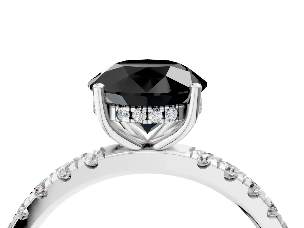 Fancy Black Round Cut Diamond Pave Band Solitaire Ring with Round and Prong Setting Silver