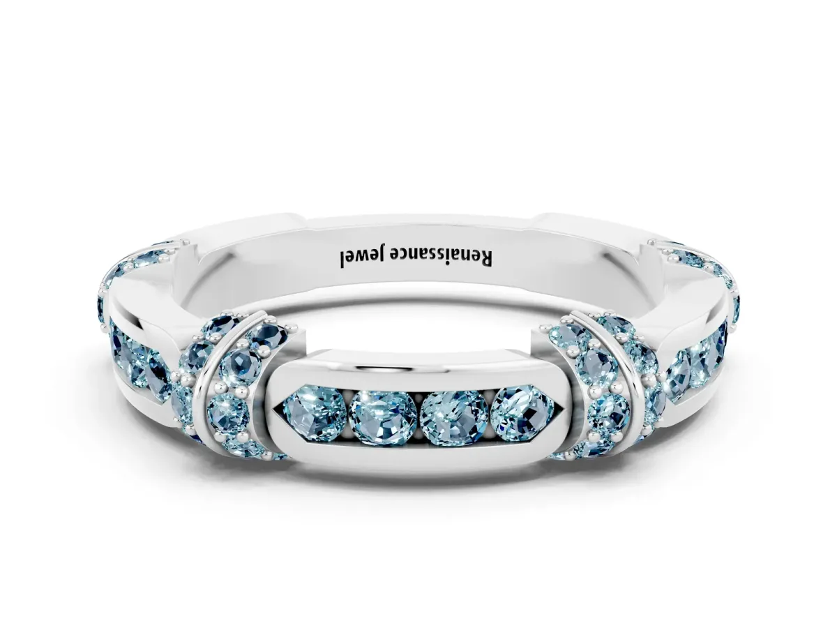 Pavé Round Aquamarine Link Band with Bezel Setting White gold
