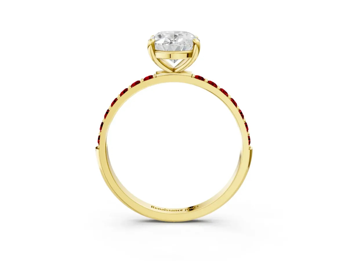 Oval Cut Diamond Solitaire Ring with Round Ruby Pavé Band and Prong Setting Yellow gold