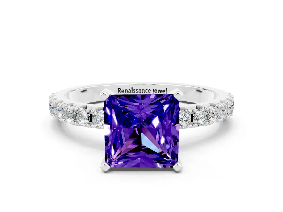 Princess Cut Tanzanite Solitaire Pavé Band with Four-Prong Setting Silver