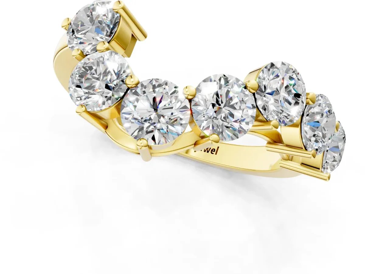Curved Diamond Cluster Band - Round Stones, Split Shank, Prong Setting Yellow gold