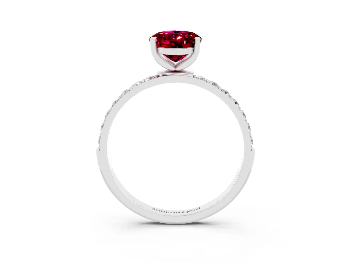 Oval Cut Garnet Solitaire Ring with Round Pavé Band and Prong Setting Platinum