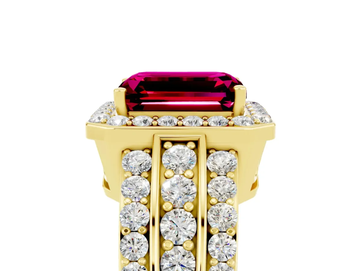 Emerald Cut Halo Garnet Ring with Round Split Shank and Prong Setting Yellow gold