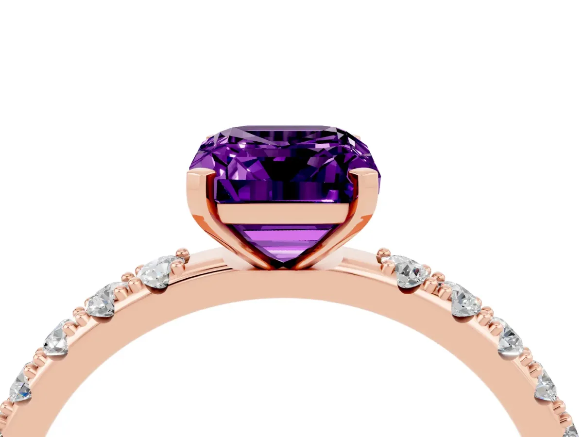 Emerald Cut Amethyst Solitaire Pavé Band with Four-Prong Setting Rose gold