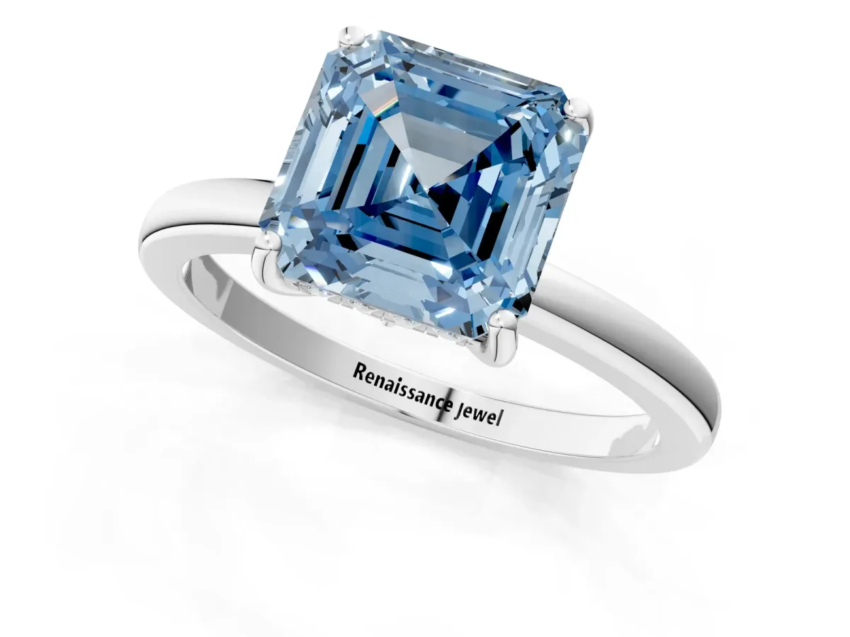 Fancy Blue Asscher Cut Solitaire Diamond Ring with Prong Setting and Plain Band Silver