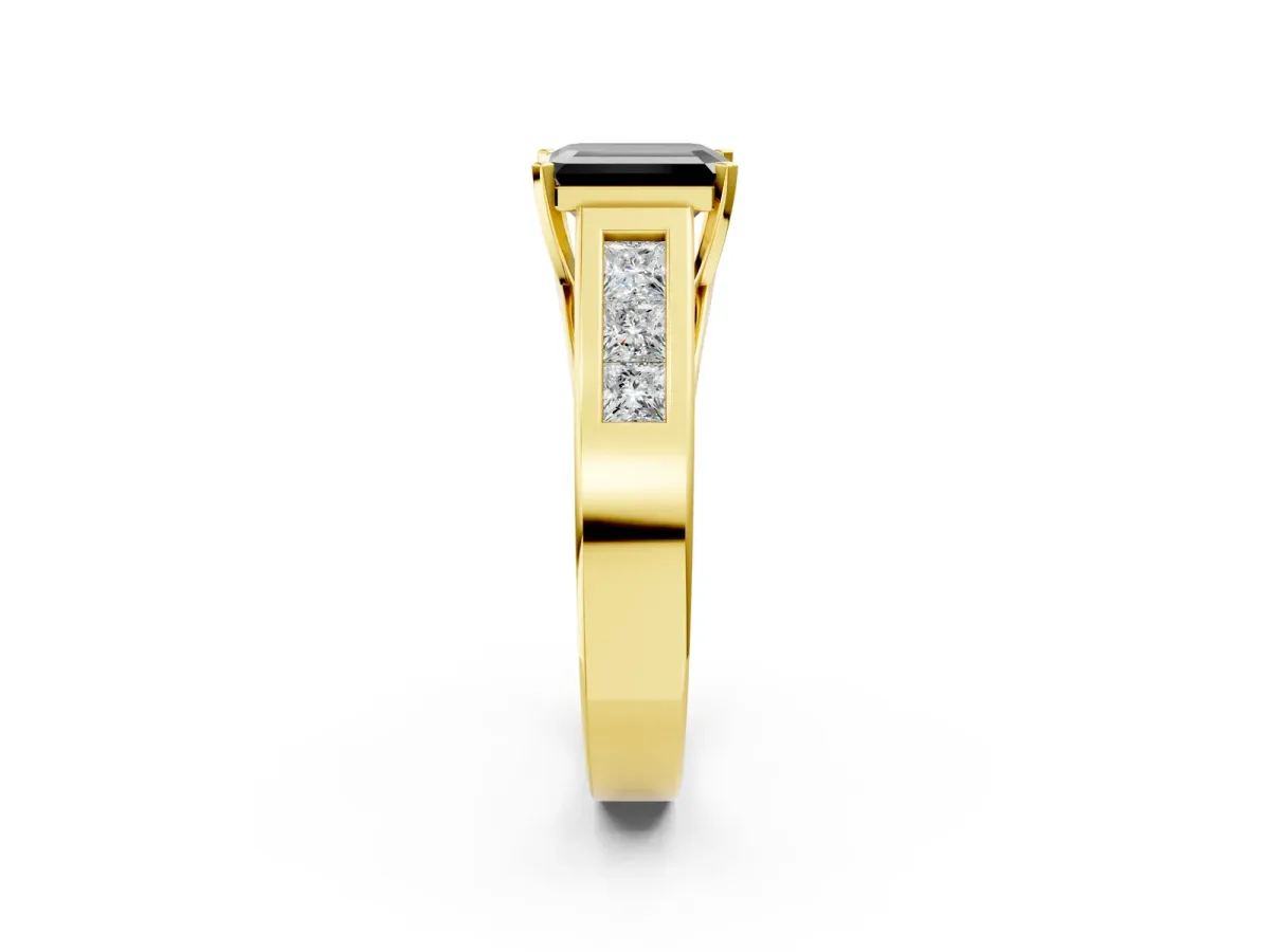 Fancy Black Emerald Cut Cut Channel Set Solitaire Ring with Four-Prong Setting Yellow gold
