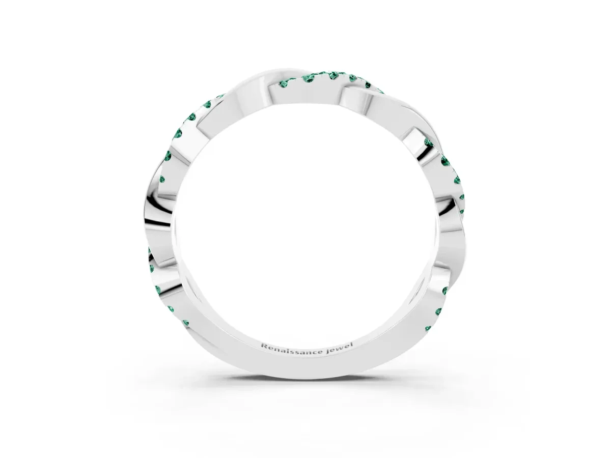 Pavé Round Green Sapphire Twist Eternity Band with Shared Prong Setting Silver