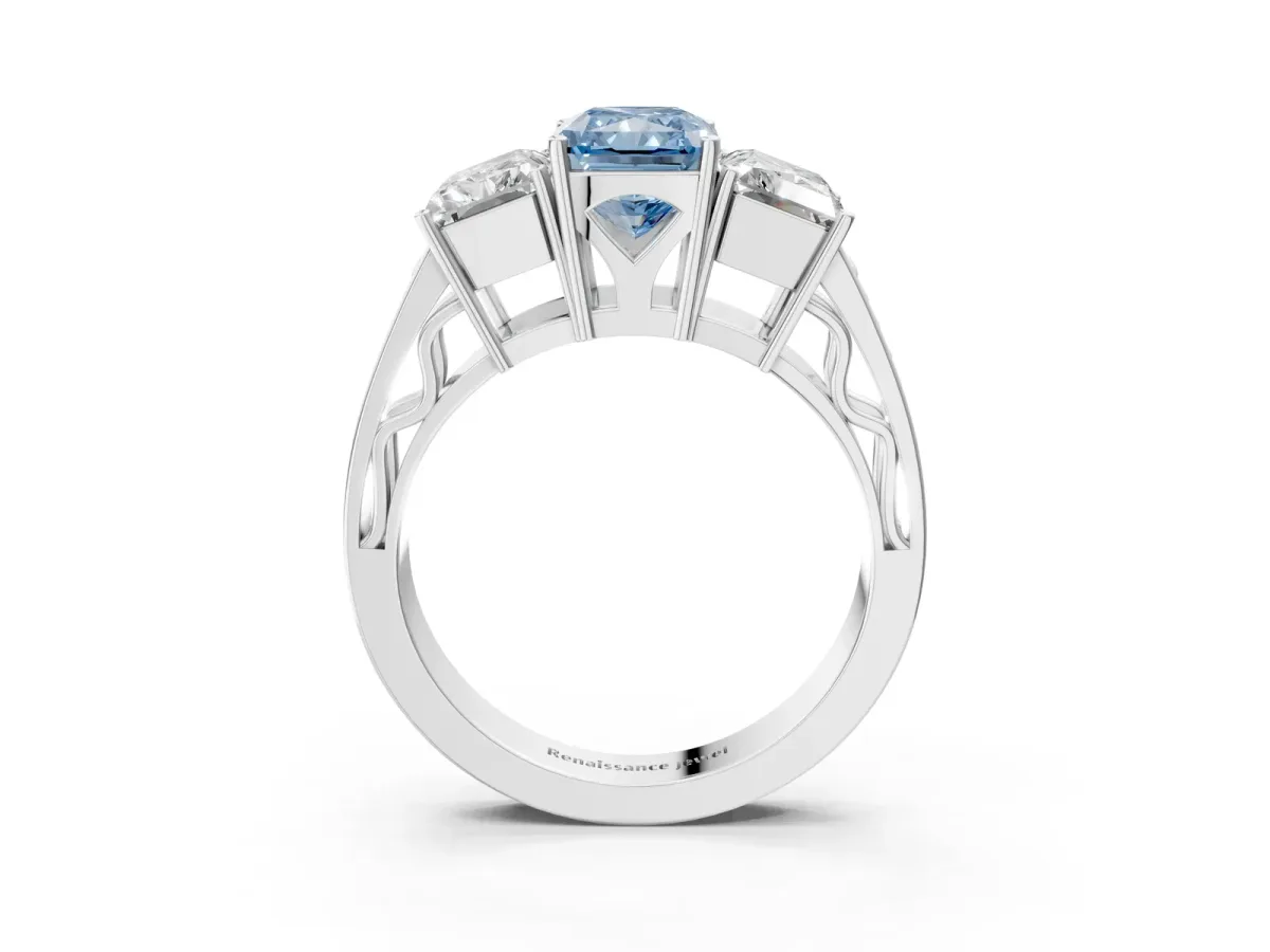 Fancy Blue Radiant Cut Diamond Three-Stone Ring with Prong Setting and Textured Band Platinum