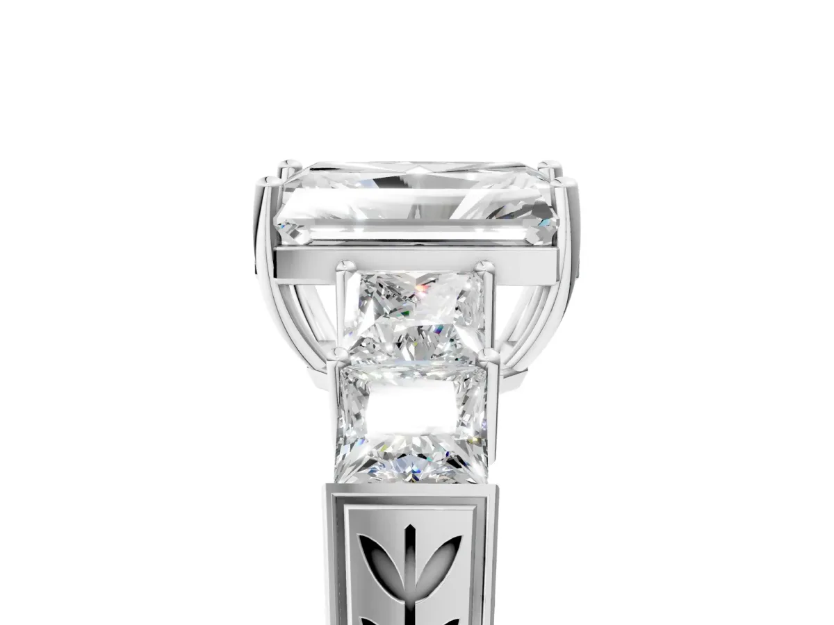 Radiant Cut Solitaire Princess Side Stone Engraved Band Prong Setting Ring Platinum