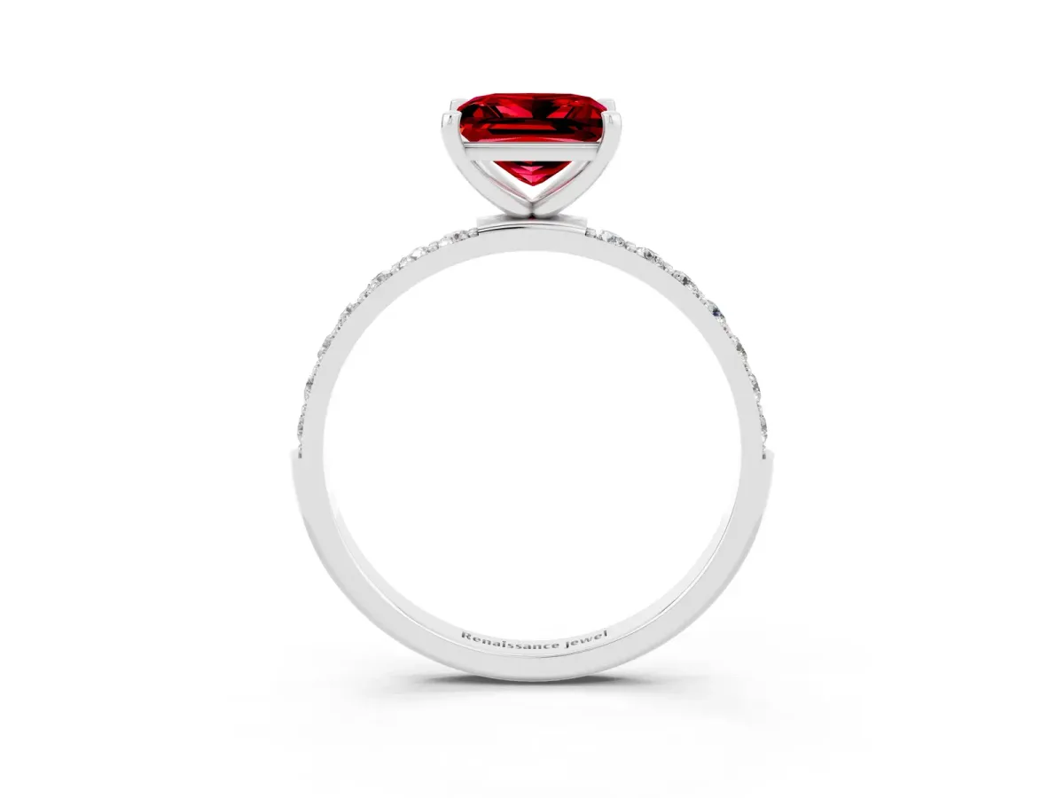 Princess Cut Ruby Solitaire Ring with Round Pavé Band and Prong Setting Silver