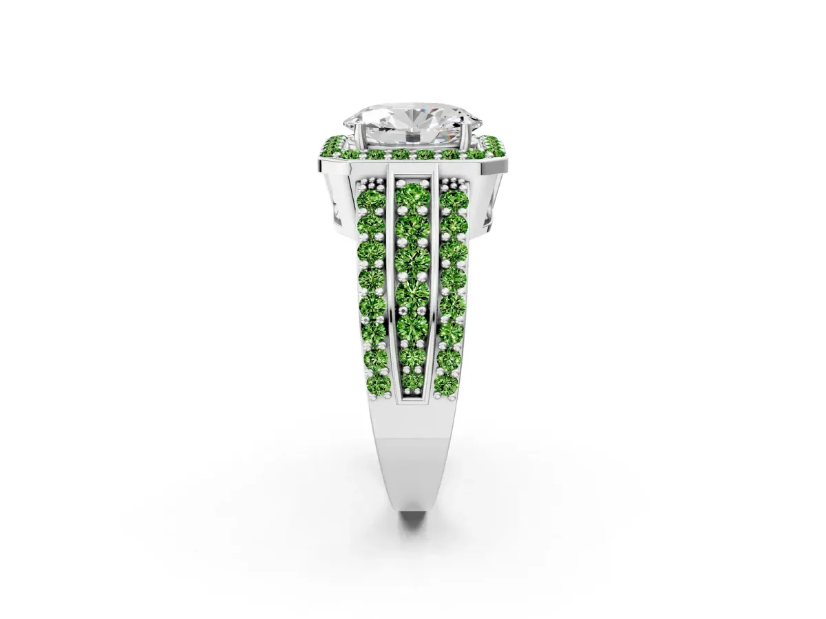 Oval Cut Halo Diamond Ring with Round Peridot Split Shank and Prong Setting Silver
