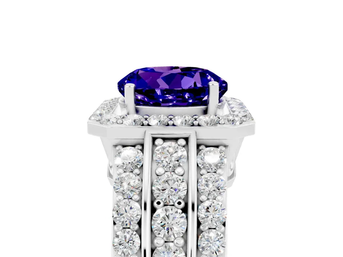 Round Cut Halo Tanzanite Ring with Round Split Shank and Prong Setting Platinum