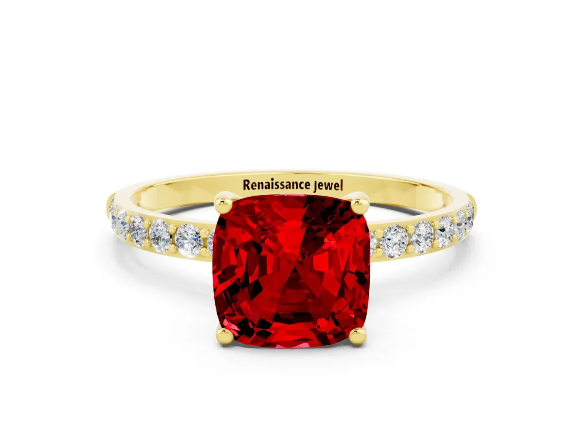 Cushion Cut Ruby Solitaire Ring with Round Pavé Band and Prong Setting Yellow gold