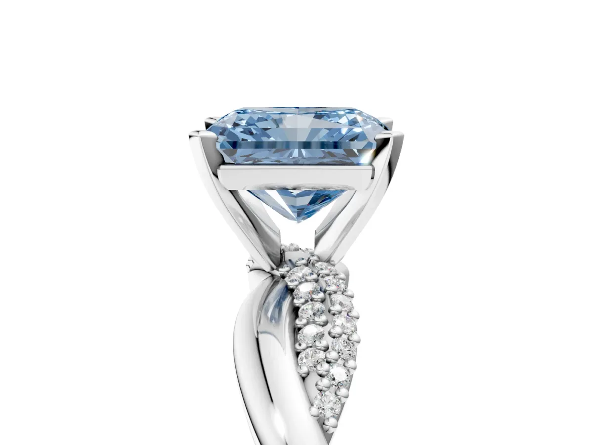 Fancy Blue Radiant Cut Solitaire Twist Band with Pave Prong Setting Platinum