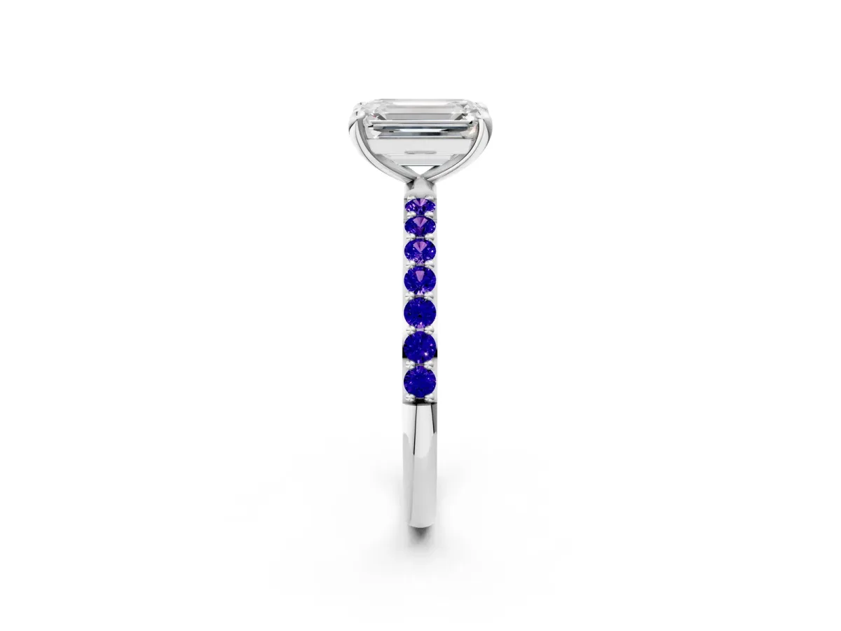 Emerald Cut Diamond Solitaire Ring with Round Tanzanite Pavé Band and Prong Setting Silver