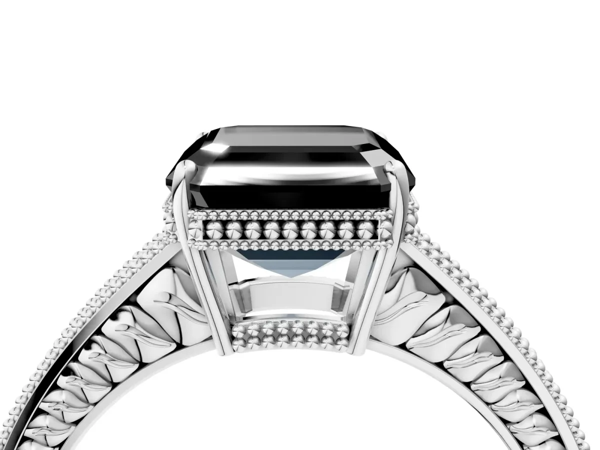 Fancy Black Asscher Cut Cut Diamond Milgrain Pave Band Four-Prong Setting Ring Platinum