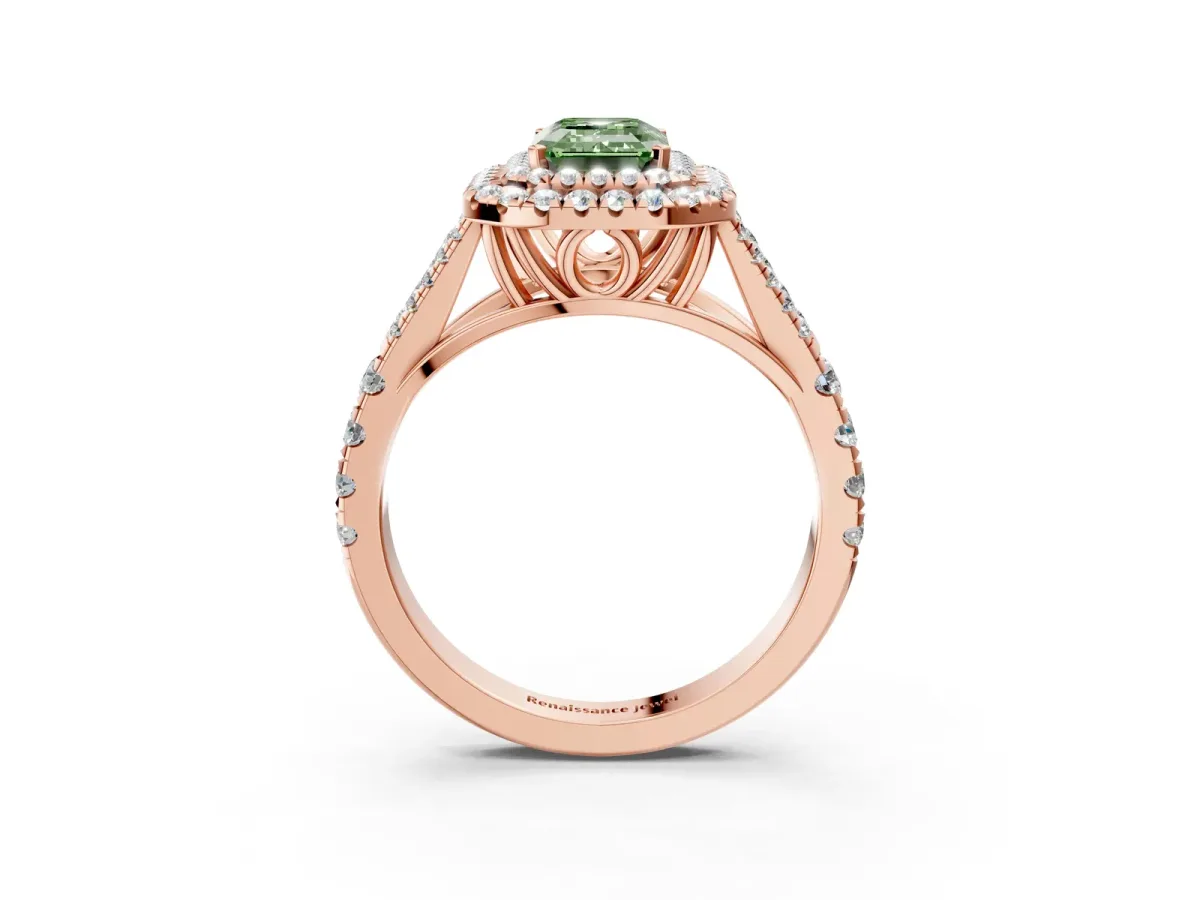 Fancy Green Emerald Cut Diamond Double Halo Ring with Split Shank and Prong Setting Rose gold
