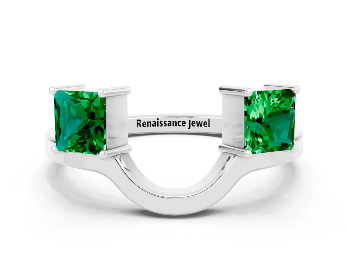 Princess Cut Emerald Two-Stone Open Band Ring with Four-Prong Setting White gold