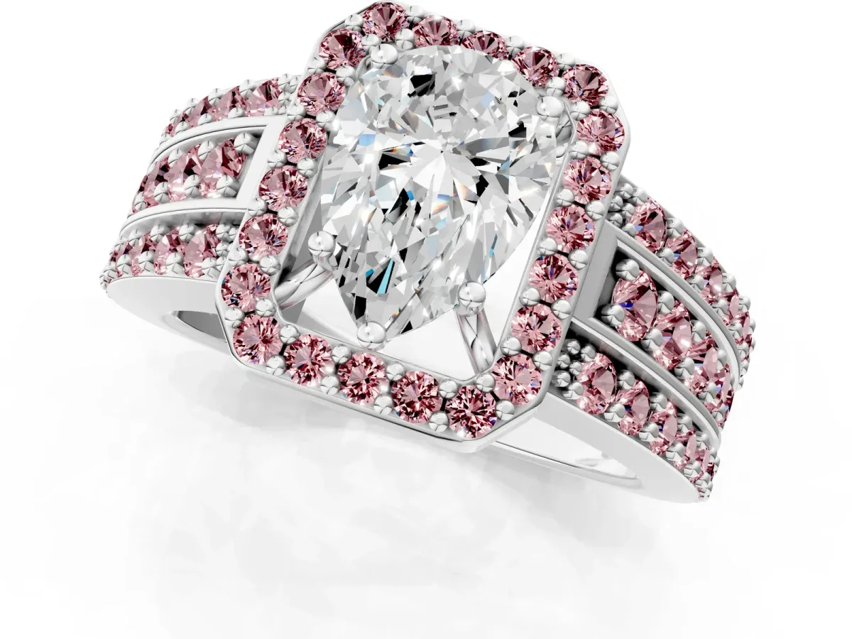 Pear Cut Halo Diamond Ring with Round Morganite Split Shank and Prong Setting Platinum