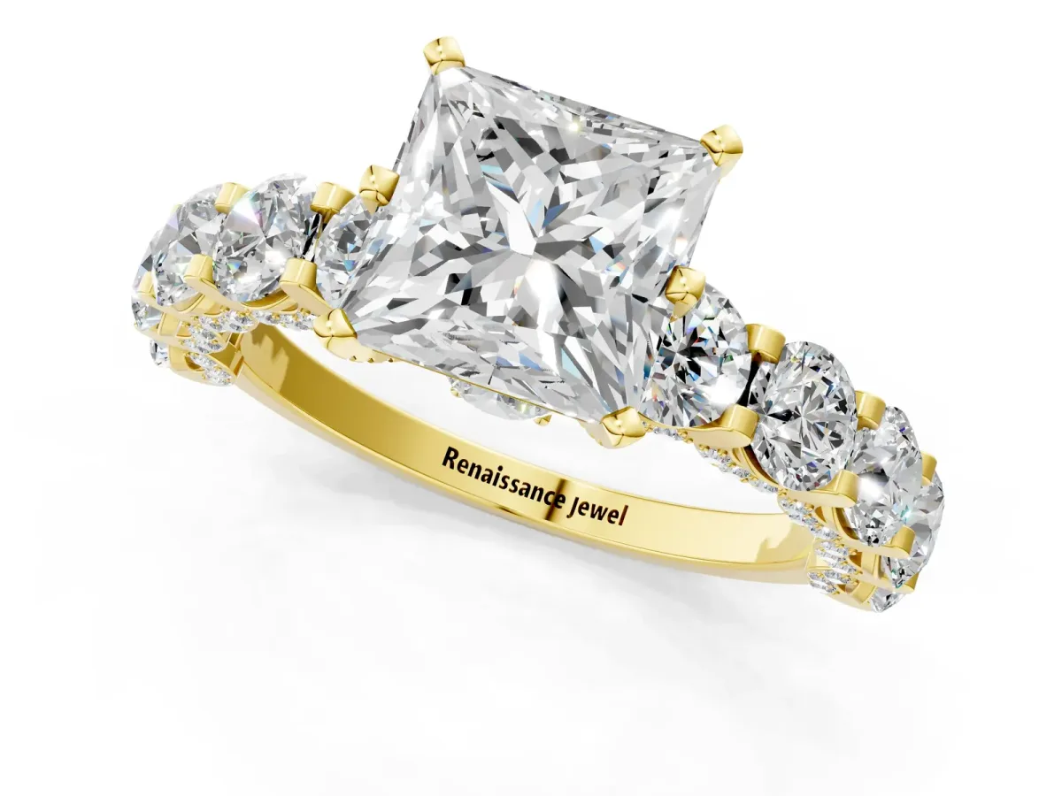 Princess Cut Diamond Side Stone Engagement Ring with Four-Prong Setting Yellow gold