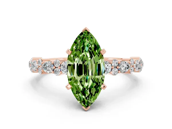 Marquise Cut Peridot Side Stone Solitaire Ring with Round and Four-Prong Setting Rose gold