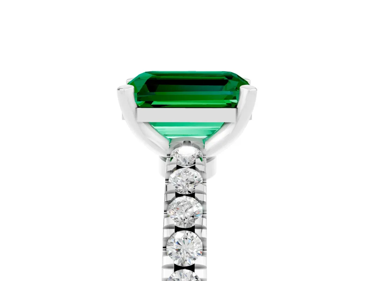 Emerald Cut Solitaire Emerald with Pavé Band and Four-Prong Setting White gold
