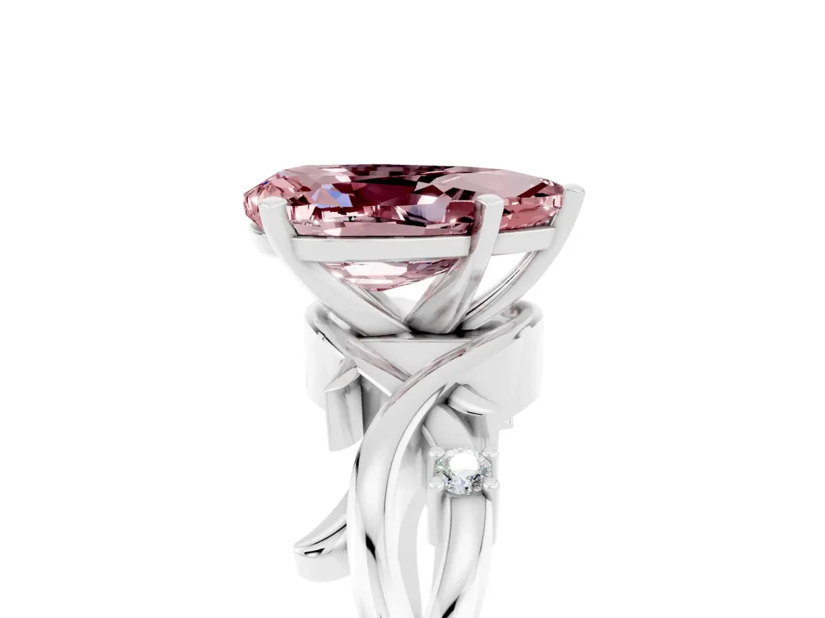 Pear Cut Morganite Solitaire Ring with Twisted Band and Prong Setting White gold