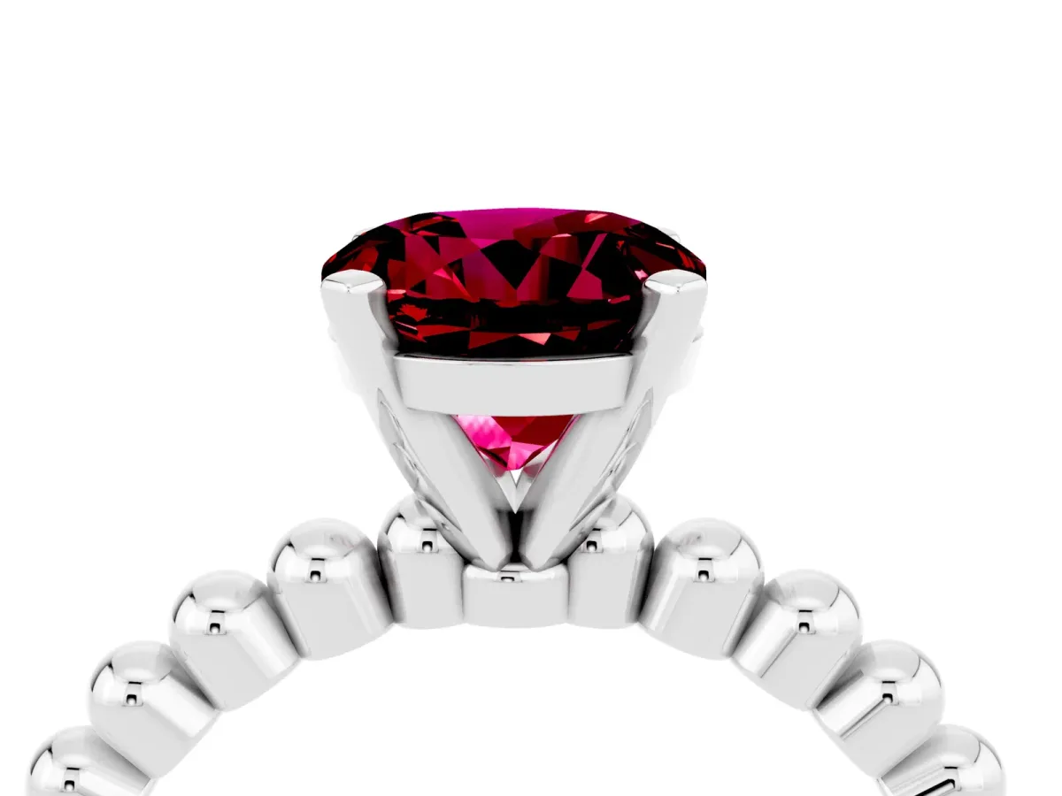 Round Cut Garnet Solitaire Ring with Beaded Band and Prong Setting Silver