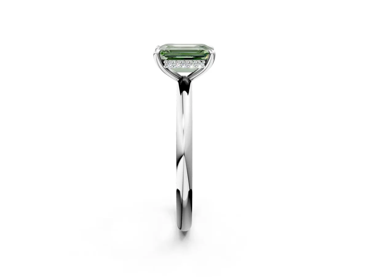 Fancy Green Emerald Cut Diamond Solitaire Ring with Thin Band and Four-Prong Setting White gold