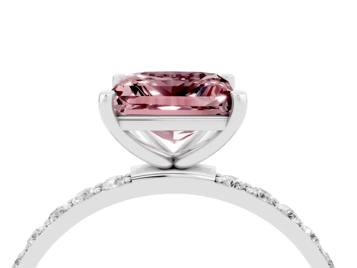 Princess Cut Morganite Solitaire Ring with Round Pavé Band and Prong Setting Silver