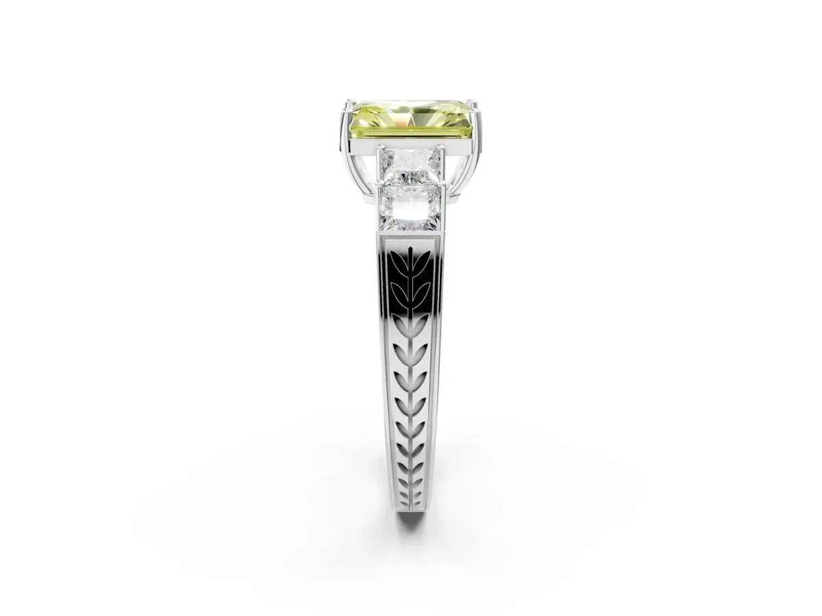 Fancy Yellow Radiant Cut Solitaire Princess Side Stone Engraved Band Prong Setting Ring Silver