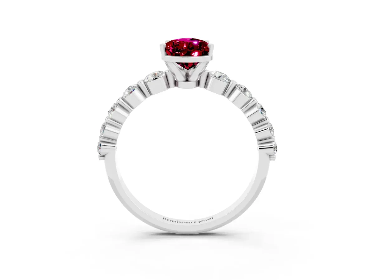 Pear Cut Solitaire Garnet Ring with Pave Band and Four-Prong Setting Platinum