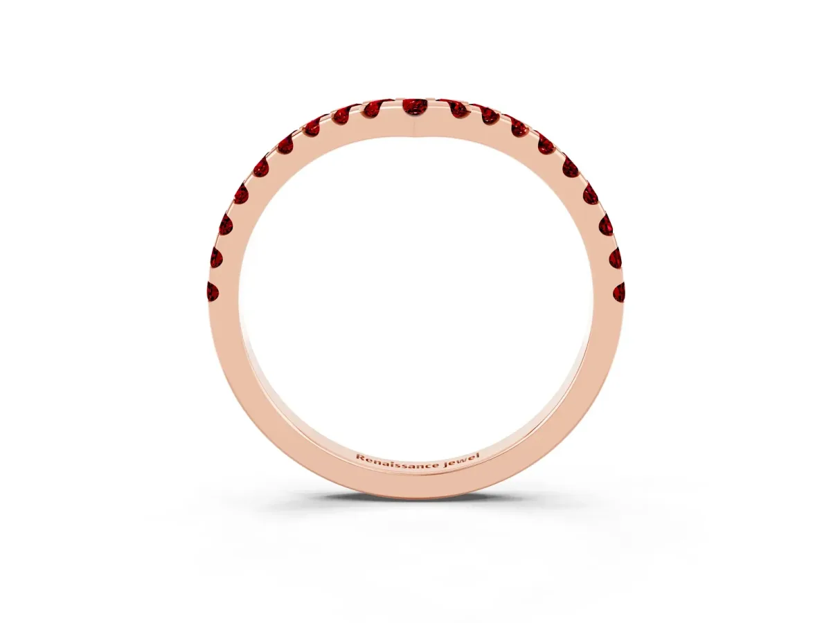 Pavé Round Ruby Chevron Band with Shared Prong Setting Rose gold