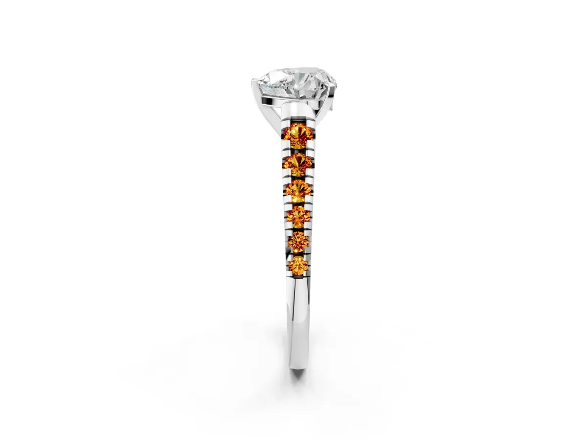Heart Cut Diamond Cathedral Solitaire Ring with Round Citrine Pavé Band Silver
