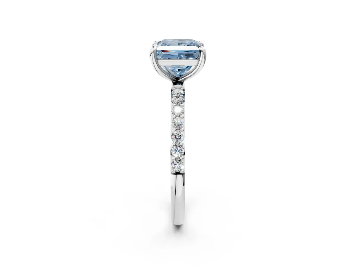 Fancy Blue Princess Cut Diamond Solitaire Ring with Round Pavé Band and Prong Setting Silver