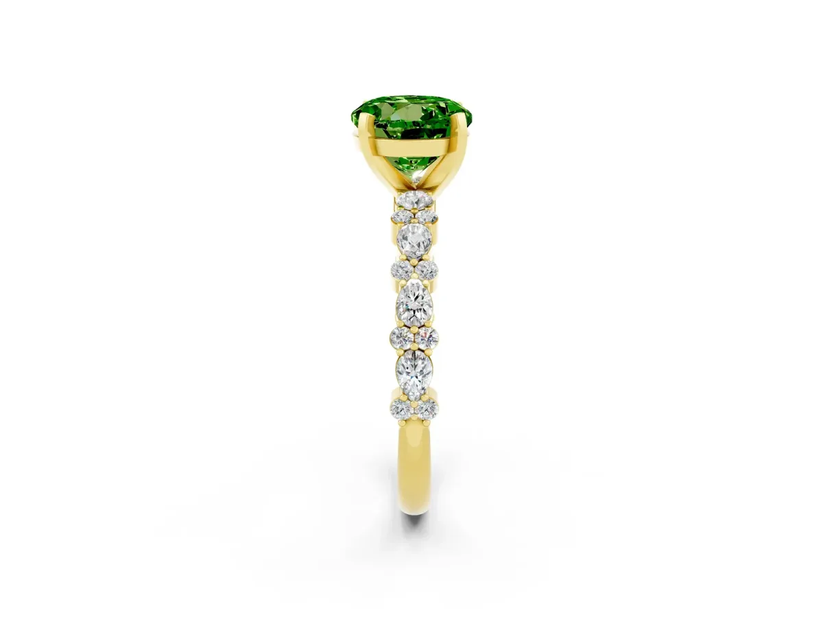 Round Cut Peridot Side Stone Solitaire Ring with Round and Four-Prong Setting Yellow gold