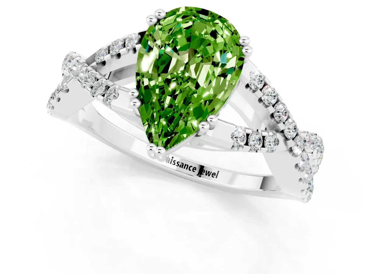 Pear Cut Peridot Solitaire Ring with Four-Prong Setting and Twisted Pavé Band Platinum