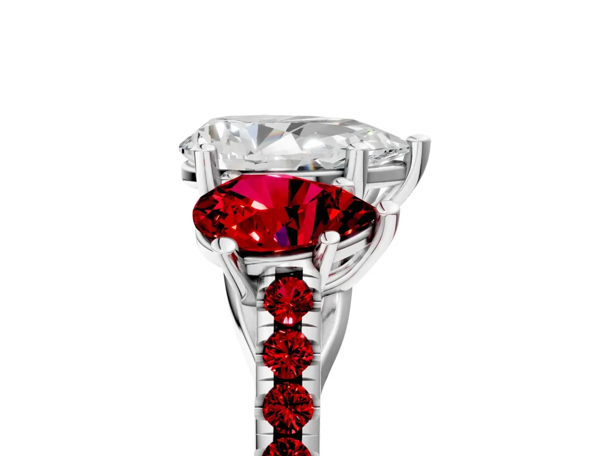 Three-Stone Pear Cut Diamond Ring with Round Ruby Pavé Band and Prong Setting Platinum