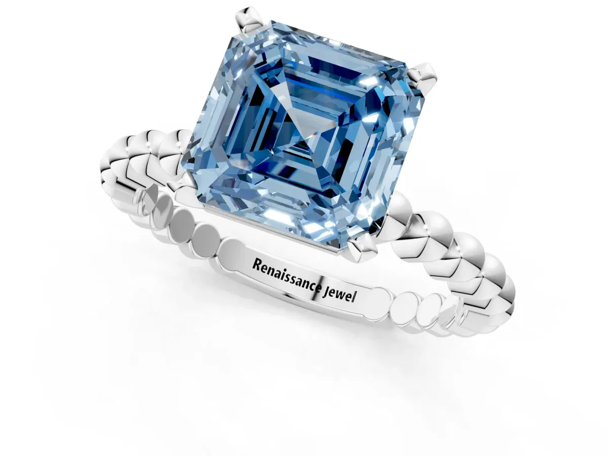 Fancy Blue Asscher Cut Diamond Solitaire Ring with Beaded Band and Prong Setting Silver