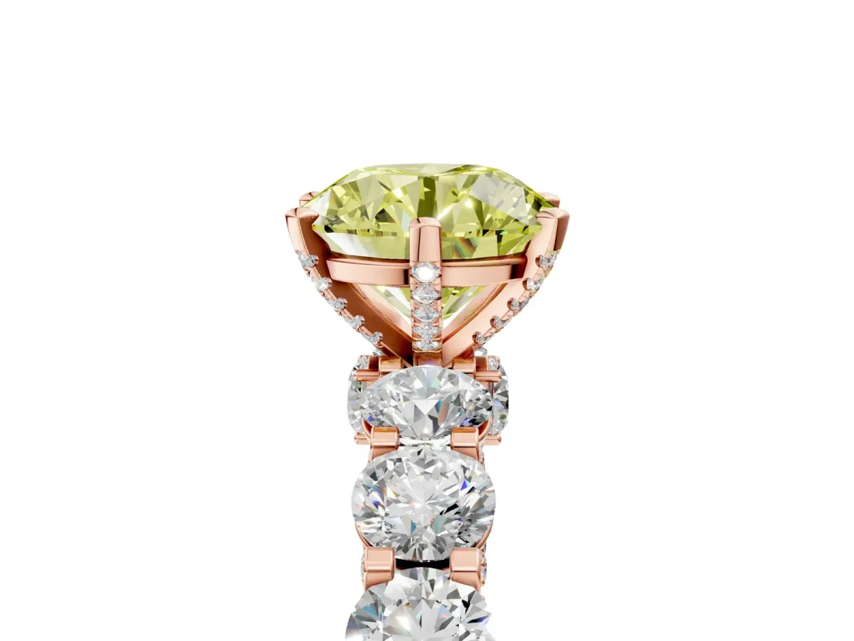 Fancy Yellow Round Cut Diamond Side Stone Engagement Ring with Four-Prong Setting Rose gold