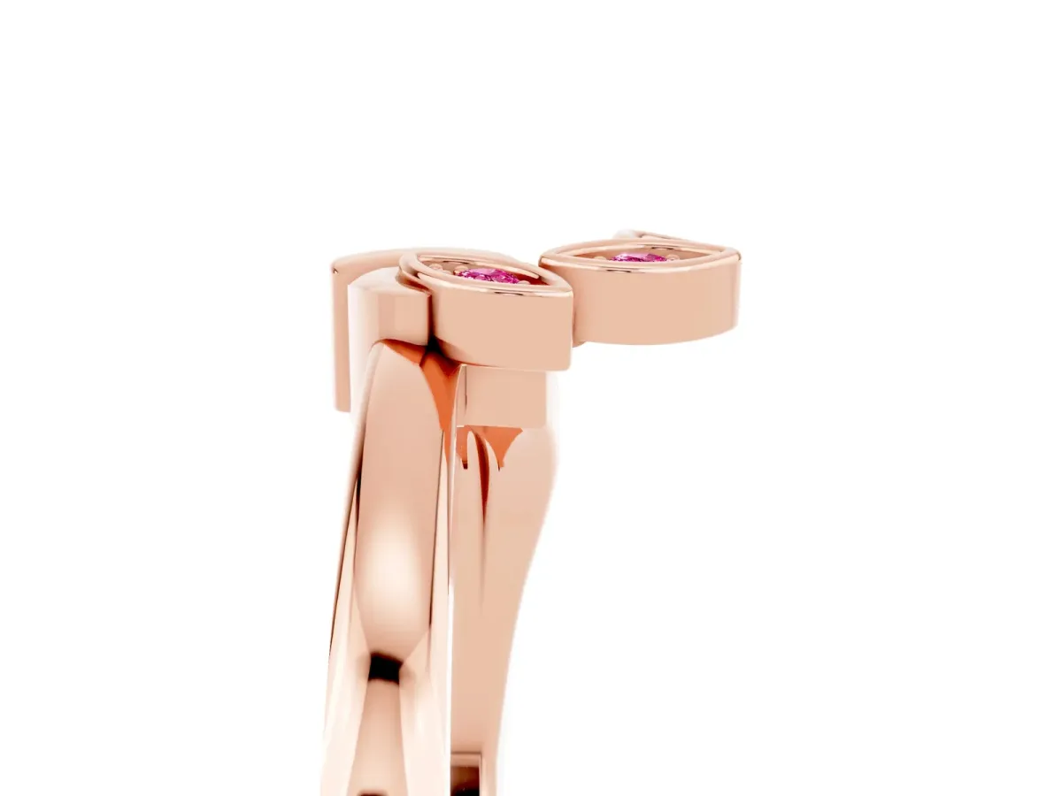 Three-Stone Round Pink Sapphire Leaf Bypass Ring with Bezel Setting Rose gold