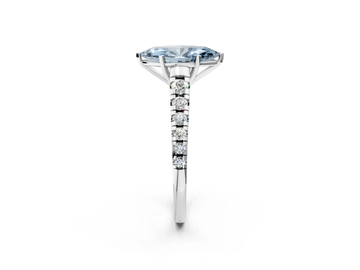 Fancy Blue Marquise Cut Diamond Cathedral Solitaire Ring with Round Pavé Band Silver